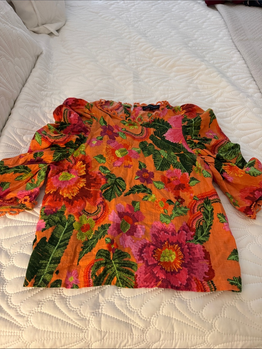 Cynthia Rowley Orange Floral Puff-Sleeve Blouse